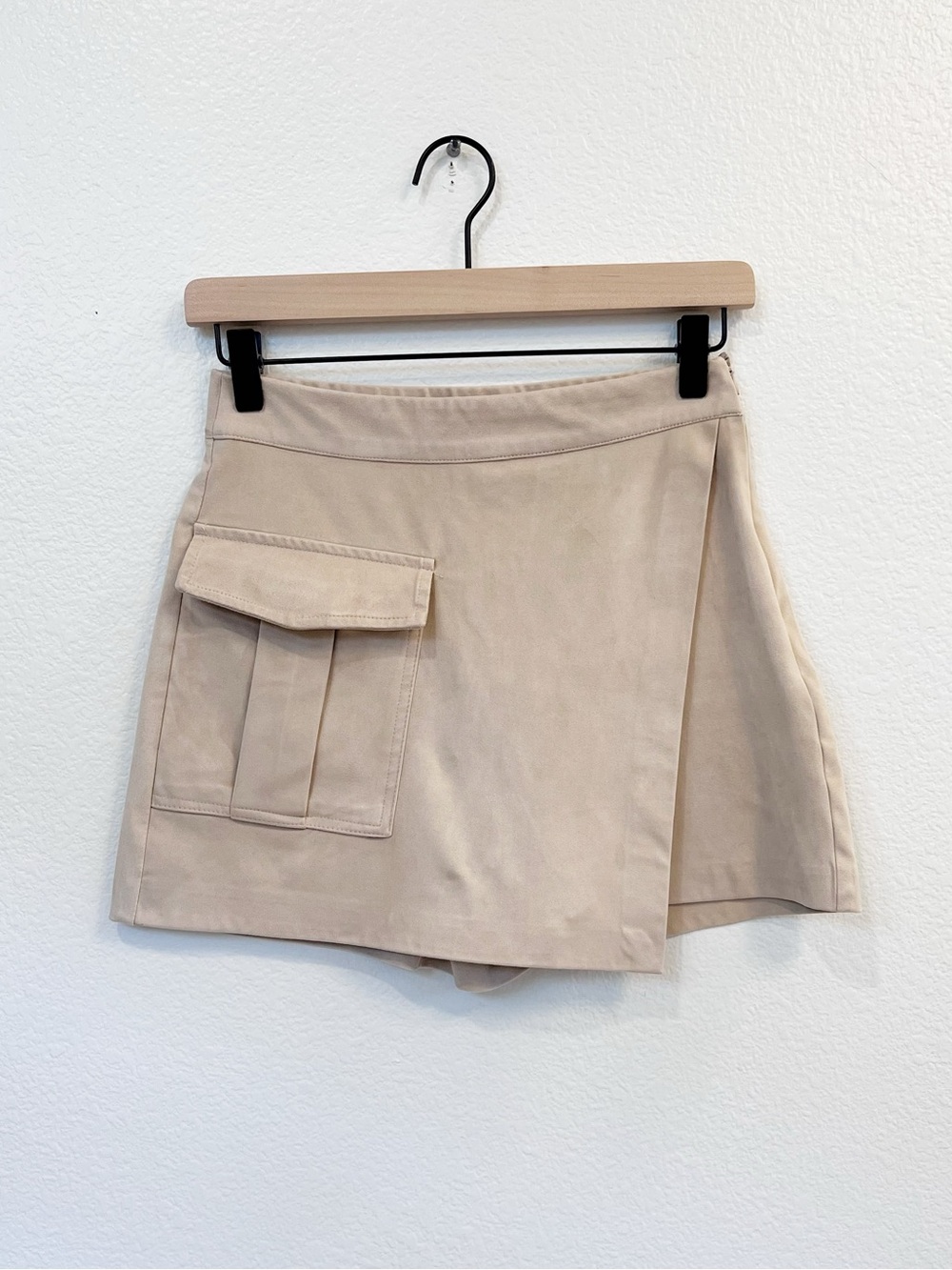 Asymmetric Cargo Pocket Wrap Skort in Faux Suede | Zara, XS, Khaki Tan
